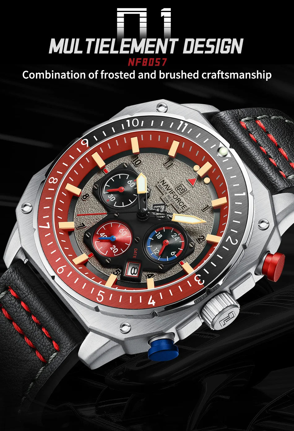 NAVIFORCE Sports Multifunction 24 Hours Date Display Waterproof Watch for Men Fashion Leather Quartz Analog Luminous Wrist Watch