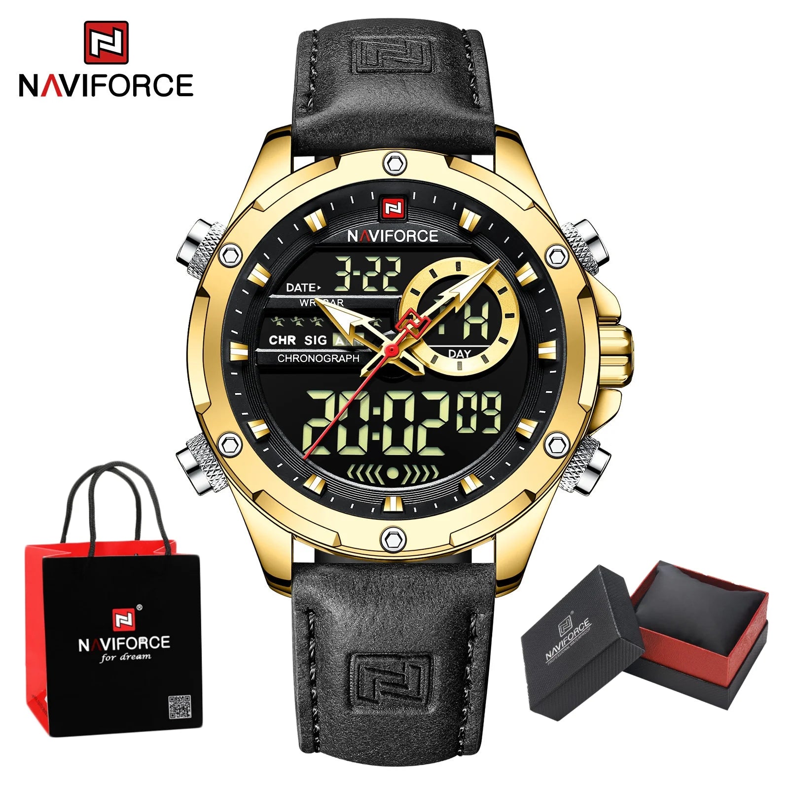 NAVIFORCE Quartz WristWatch For Men Luxury Brand Original Watch Casual Sports Chronograph Leather Waterproof Clock Package Gifts
