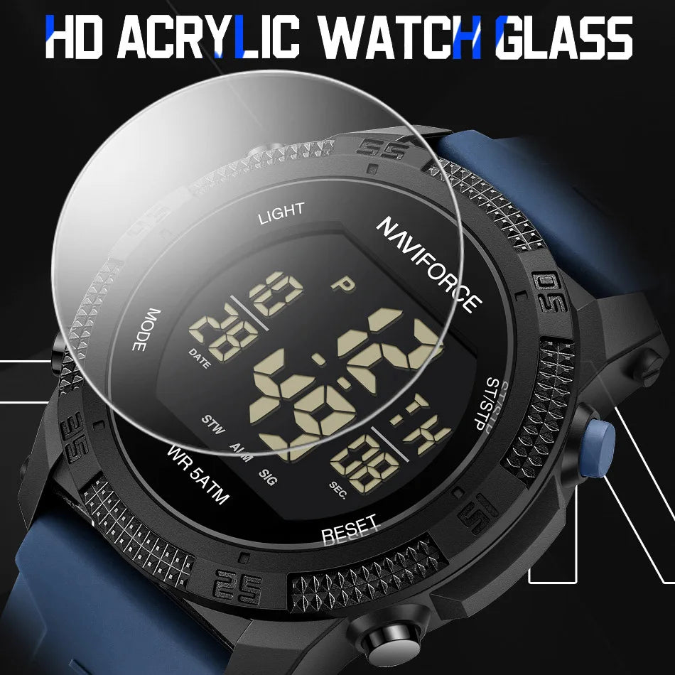 NAVIFORCE Men's Electronic Watch Fashion 5ATM Waterproof Silicone Strap Calendar Male LCD Digital Wristwatch Relogio Masculino