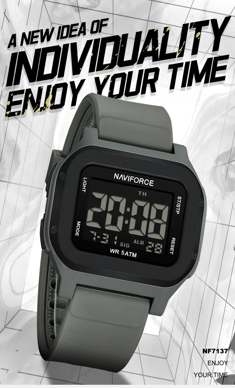 High Quality NAVIFORCE Men's Sport Wristwatch LCD Display 50m Waterproof Alarm Stopwatch BackLight Unique Square Case Gift Clock