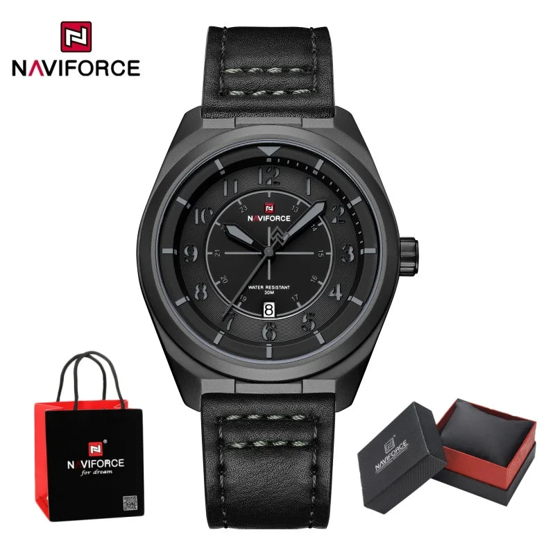 NAVIFORCE Men's Quartz Calendar Watch 3ATM Waterproof Leather Strap Casual Fashion Business Daily Wear Male Wristwatch Gift Box