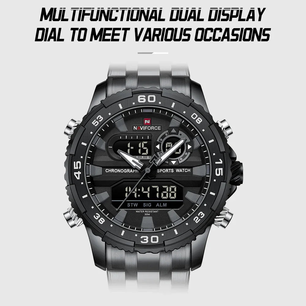 NAVIFORCE Men's Watch Quartz Analog LCD Digital Wristwatch Male Stainless Steel Strap Water Resistant Date Clock Package Gifts