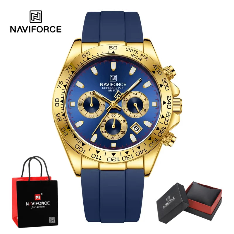 NAVIFORCE Quartz Men's Leisure Chronograph Watch Waterproof Luminous Silica Strap Unique Design Man Fashion Wristwatch Gift Box