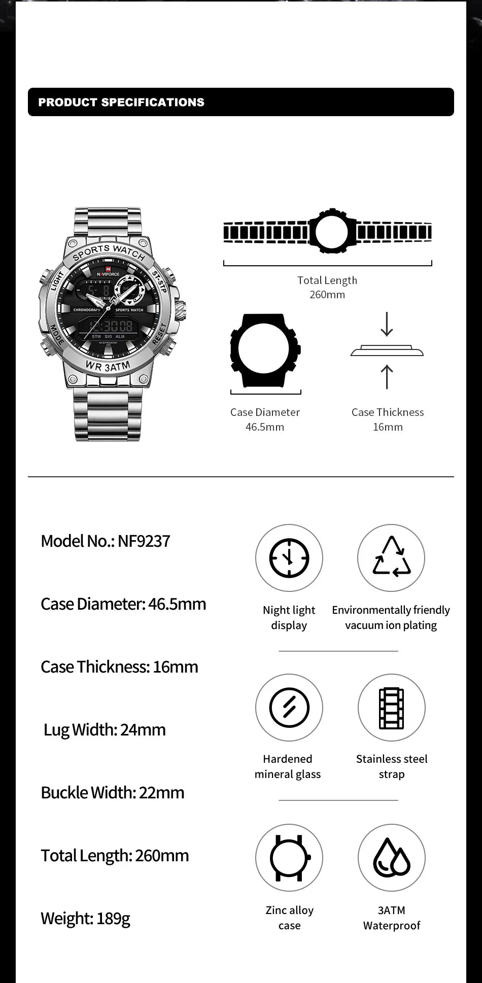 NAVIFORCE Men Watch Stopwatch Dual Time Display Men's Watch Fashion Sport Watch Stainless Steel Strap Waterproof  Package Gifts