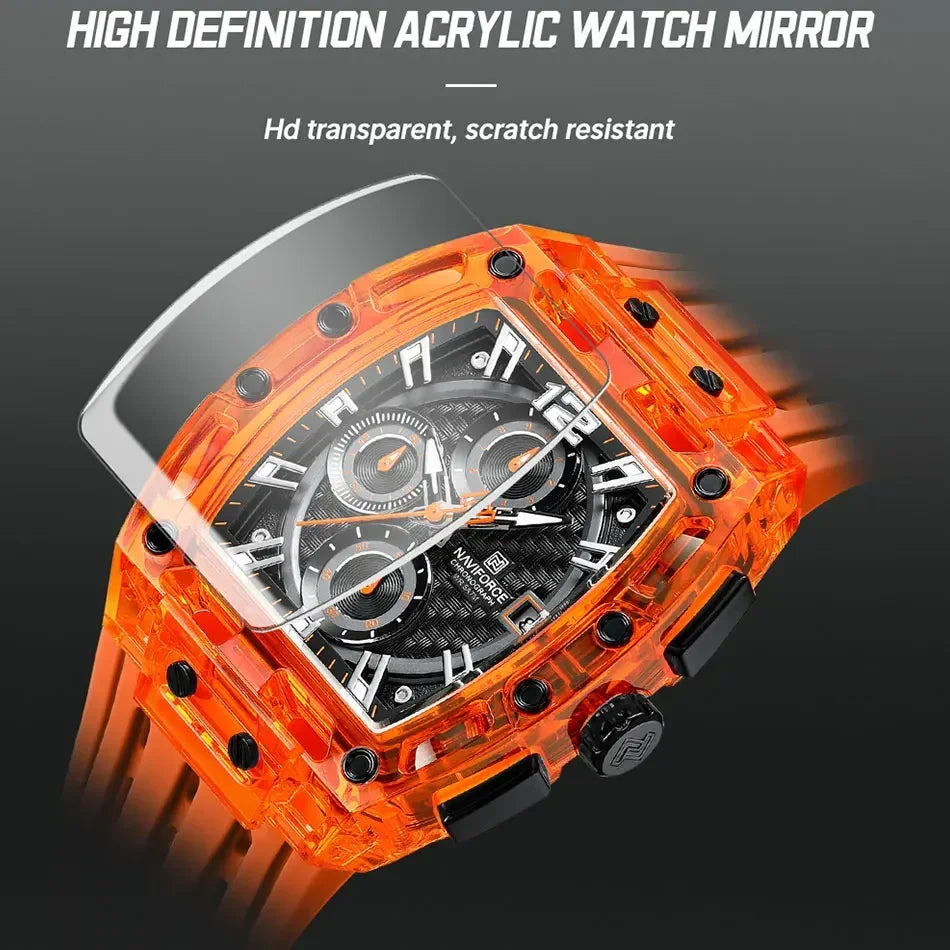 NAVIFORCE Men's Quartz Watch Multifunctional Colorful Chronograph Top Brand Silicone Strap 5ATM Waterproof Tonneau Wristwatches