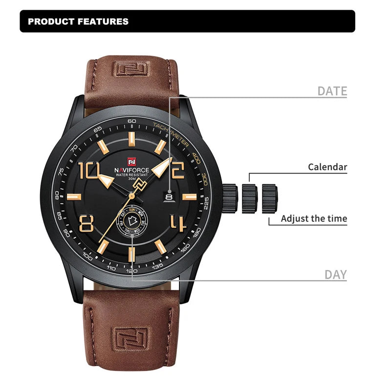 NAVIFORCE Watches for men Fashion Sports PU Strap 30m Waterproof Quartz Calendar Display Wristwatch Male Gift Relogio Masculino