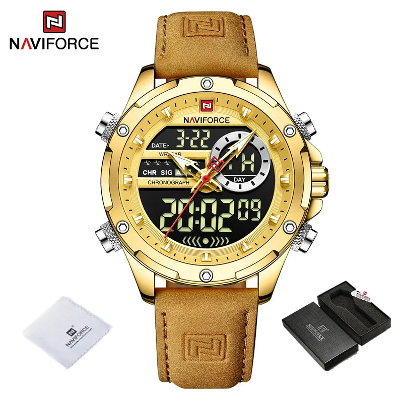 NAVIFORCE Original Men's Dual Time Luxury Sport Watch Casual Chronograph Alarm Quartz Wristwatch Leather Strap Waterproof Clock