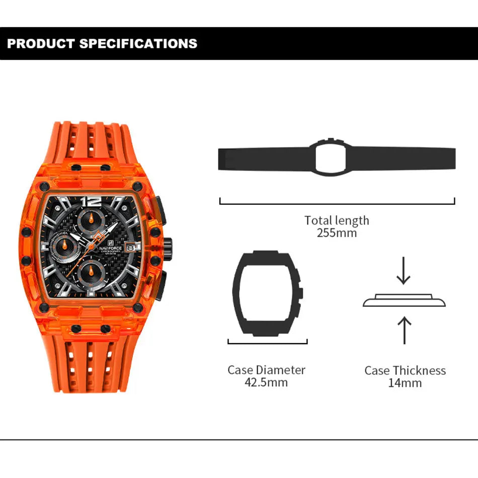 NAVIFORCE Men's Quartz Watch Multifunctional Colorful Chronograph Top Brand Silicone Strap 5ATM Waterproof Tonneau Wristwatches