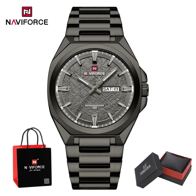 NAVIFORCE Male Quartz Stylish Wristwatch Date Week Display Waterproof Luminous Steel Band Man's Clock Luxury Wristwatch Gift Box