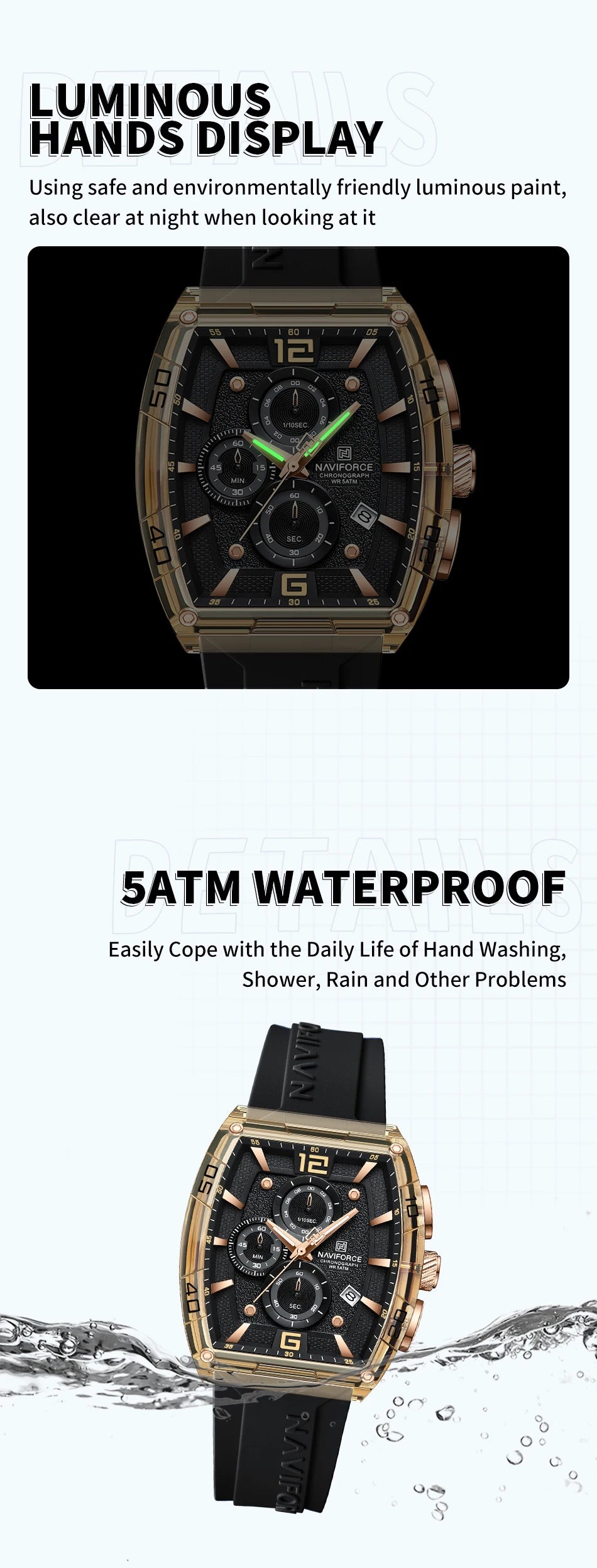 NAVIFORCE Luxury Men's Watch Quartz Chronograph 5ATM Waterproof Luminous Hand Soft Silicone Strap Male Fashion Sports Wristwatch