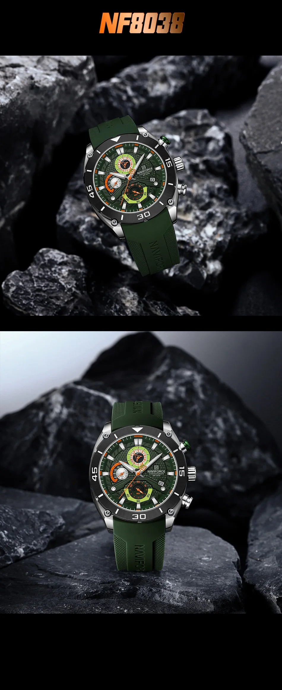 NAVIFORCE Man's Watch Quartz Chronograph 30M Waterproof Luminous Date Display Silicone Strap Trends Sports Wristwatch for Men