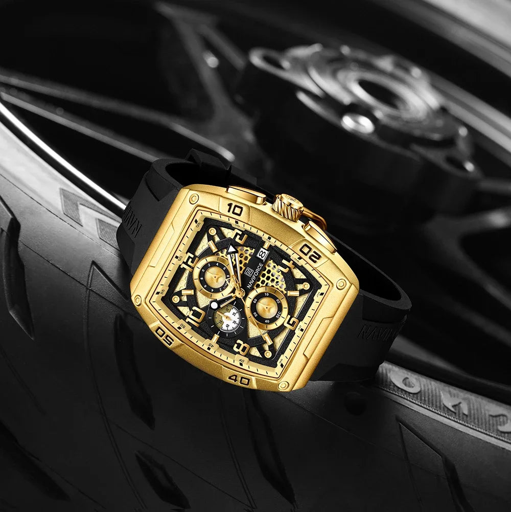 NAVIFORCE Fashion Men’s  Large Dia Multi-function PU Waterproof Clock Gold Design Quartz Watches Casual Male Wrist Watch Gifts