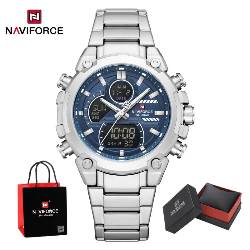 NAVIFORCE Men's Watch Luxury Quartz LCD Digital Sports Military Style Dual Display Chronograph Alarm Clock Wristwatch Gifts Box