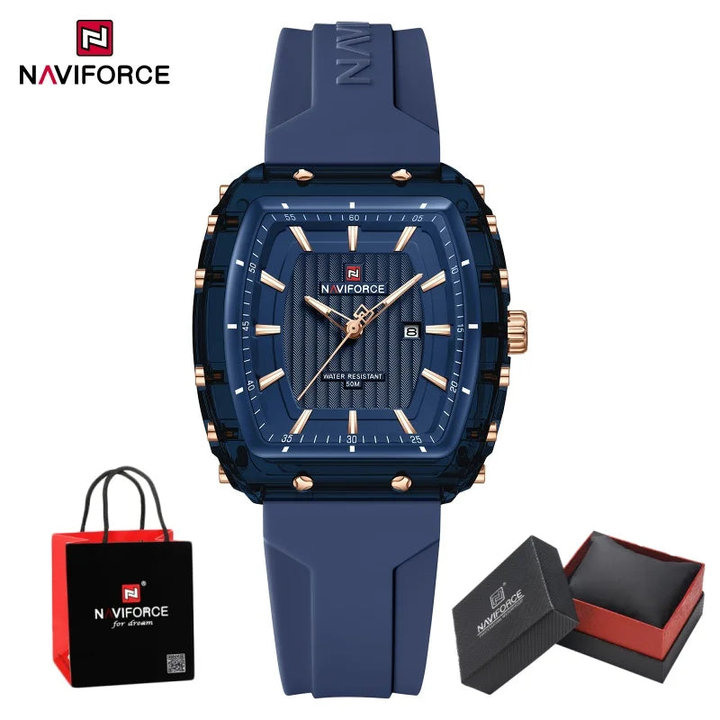 NAVIFORCE Woman's Watch Quartz Calendar 5ATM Waterproof Silica Strap Elegant Ladies Luxury Stylish Simple Wristwatch Gift Box