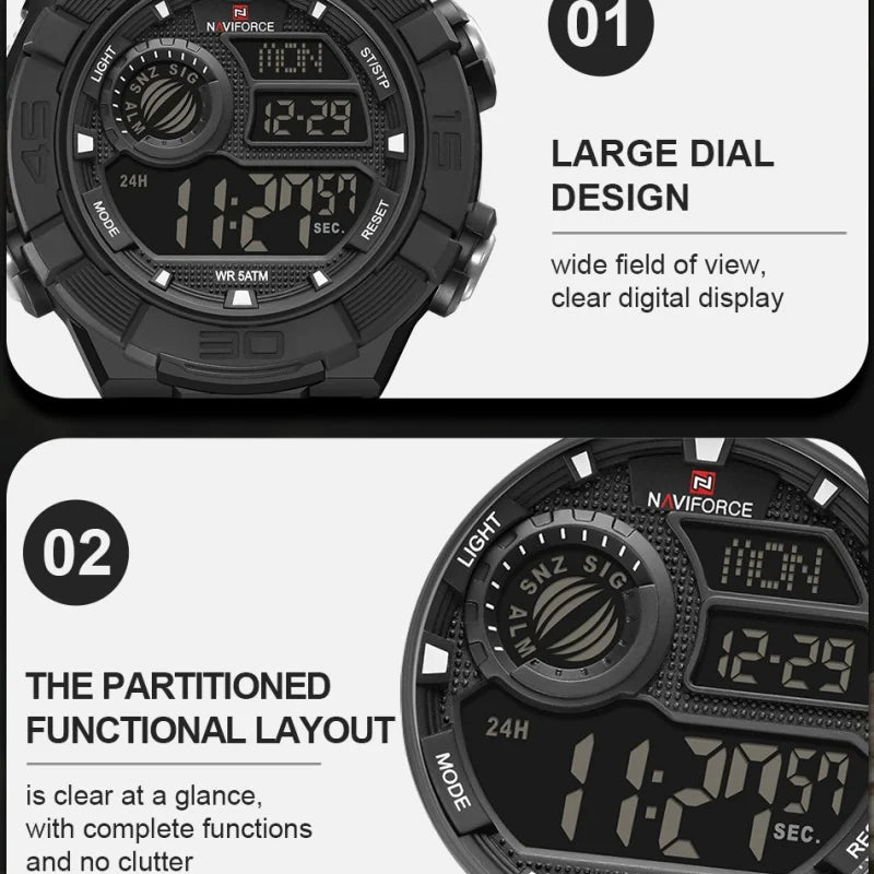 NAVIFORCE Man's Watch LCD Digital NF7131 Original Design Luminous Big Dial TPU Strap Outdoor Wristwatch Gift Box for Students