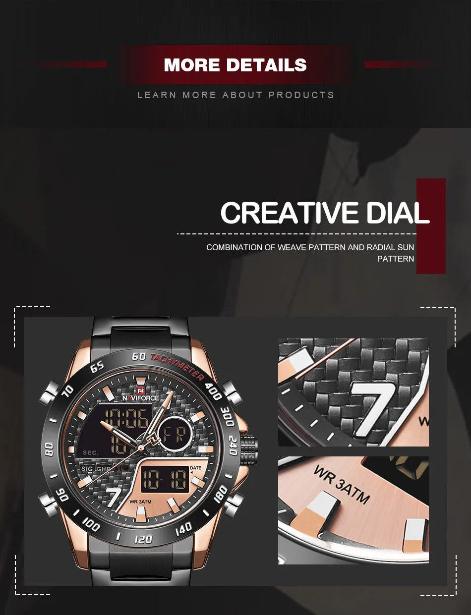 NAVIFORCE Watches for Men Quartz Dual Display Luminous Stainless Steel Strap Male Normal Business Wristwatch Father's Day Gifts