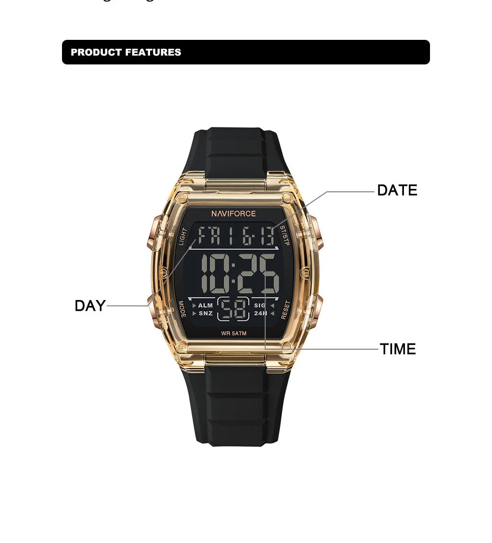 NAVIFORCE Men's Stylish Daily Wear Watch LCD Digital 5ATM Waterproof Date Week Display Male Sports Outdoor Wristwatch Gifts Box