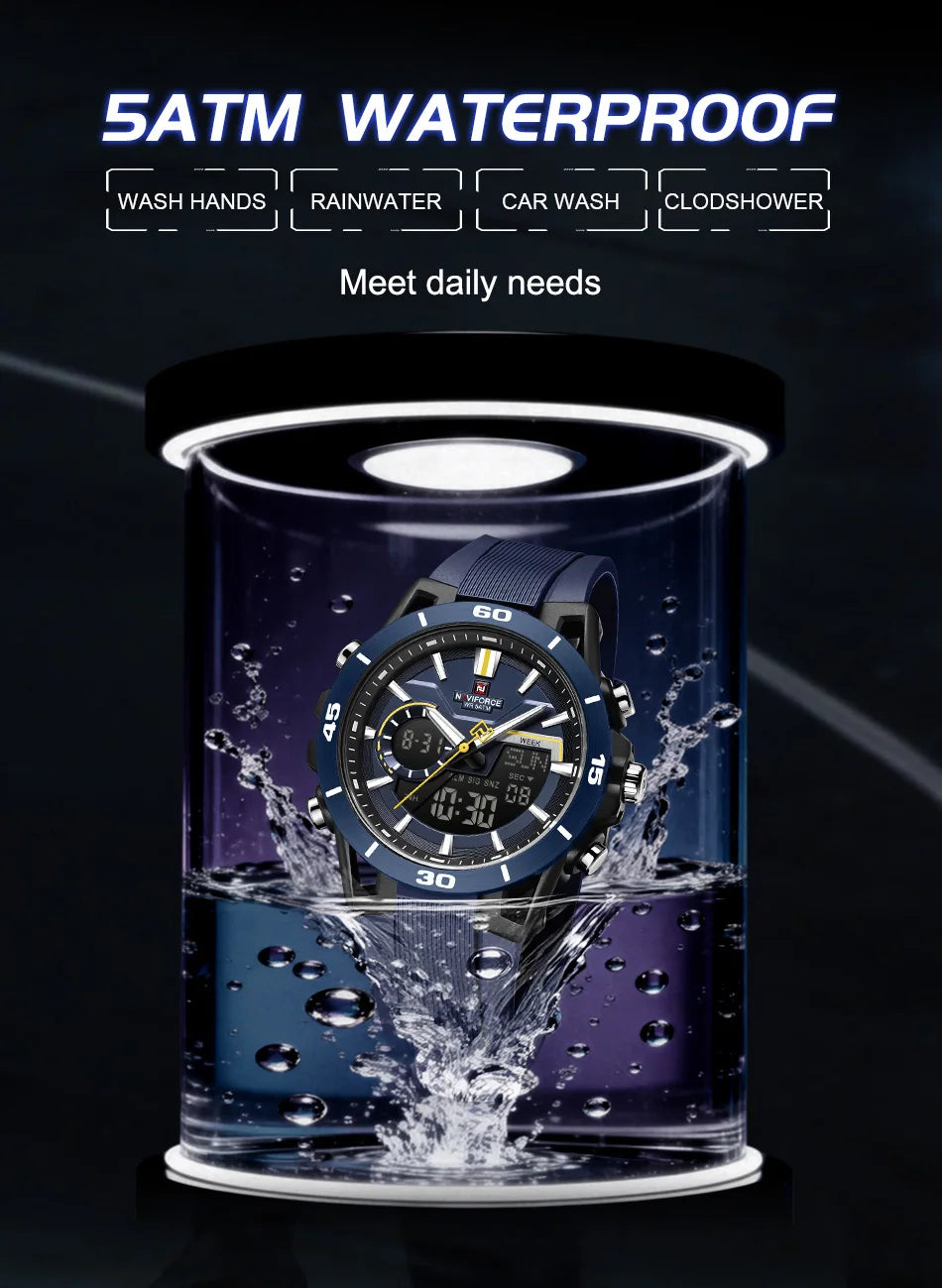 NAVIFORCE Men Watches Quartz Dual Display 50M Waterproof Chronograph Luminous Alarm Clock Male Business Sports Trendy Wristwatch