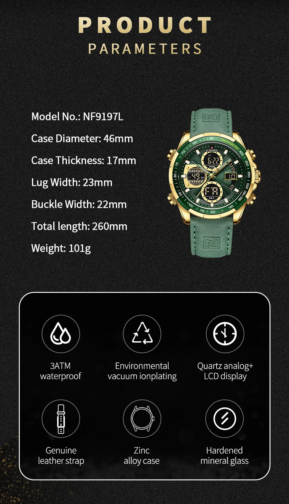 NAVIFORCE Man's Watch Quartz Chronograph Alarm Waterproof Big Clock Digital Military Luxury Male Wristwatch Gift Box NF9197L