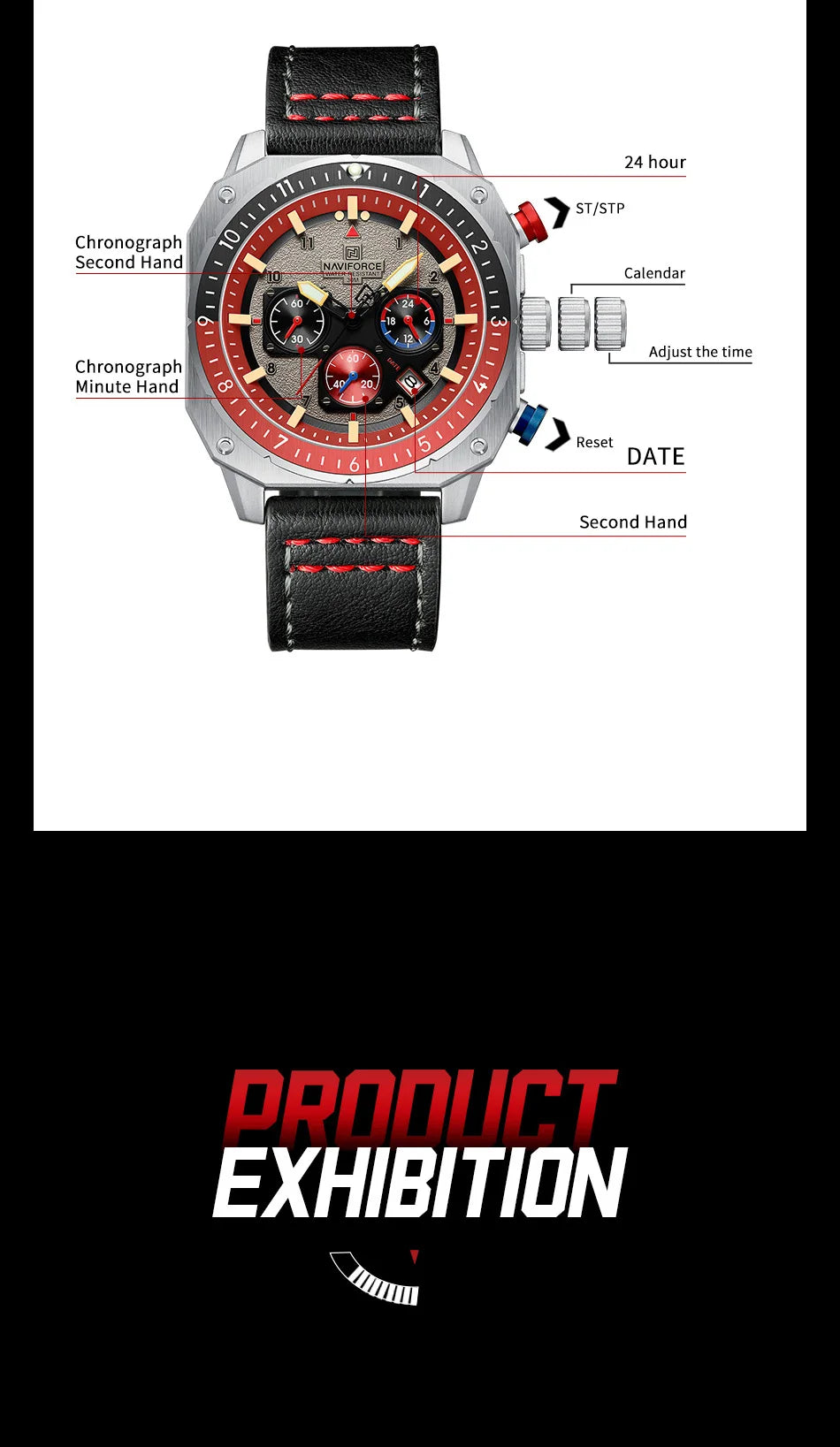 NAVIFORCE Sports Multifunction 24 Hours Date Display Waterproof Watch for Men Fashion Leather Quartz Analog Luminous Wrist Watch