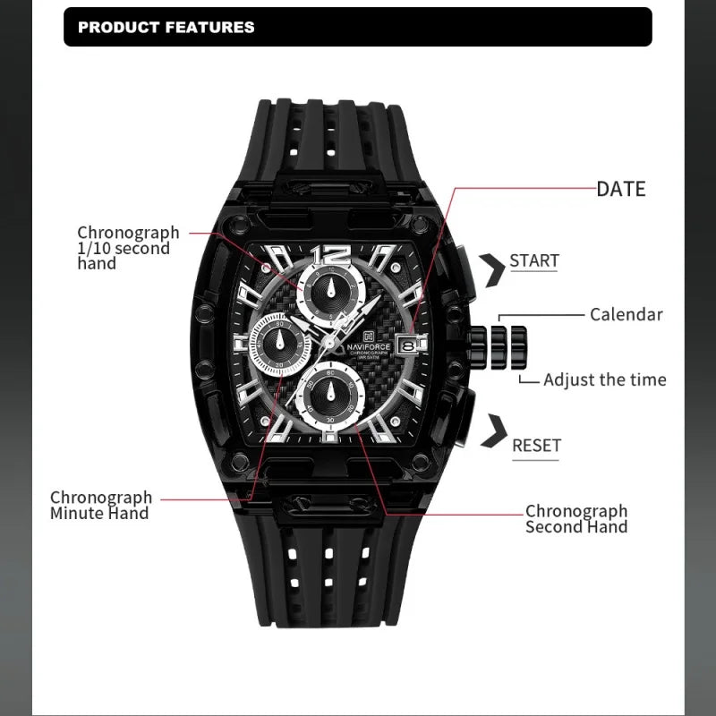 NAVIFORCE Man's Watch Quartz Chronograph 5ATM Waterproof Silicone Strap Fashion Sports Male Luxury Wristwatch Gifts Box NF7105