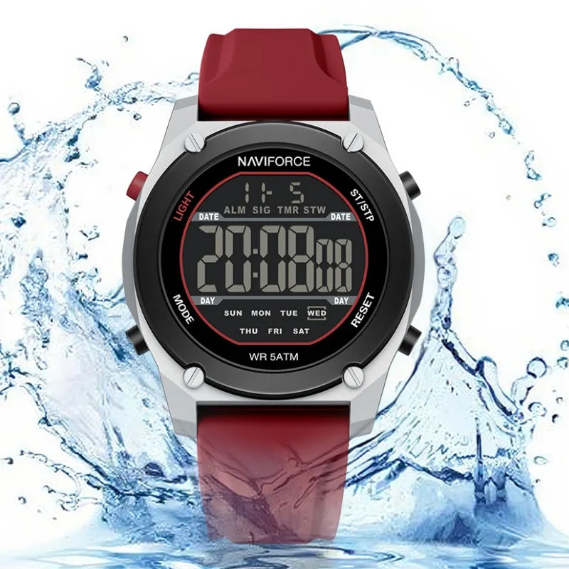 NAVIFORCE Men's LCD Digital Watch 50M Water Resistant Electronic Calendar Fashion Silicone Band Alarm Clock Wristwatch Gifts Box
