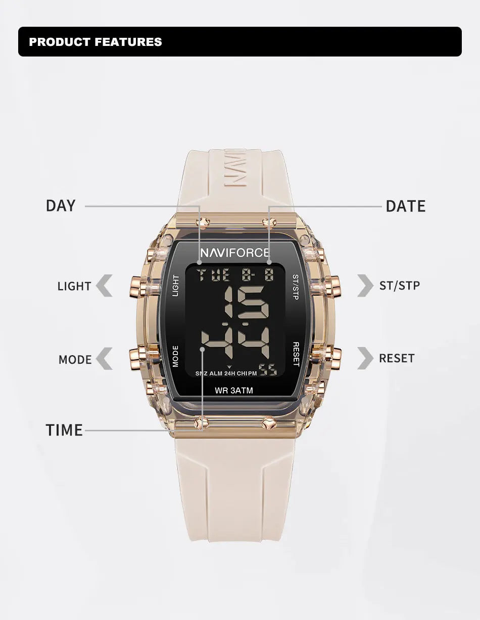 NAVIFORCE Women Watch Waterproof Personality Square Wristwatches LED Digital Silicone Strap Sport Electronic Clock Montre Femme
