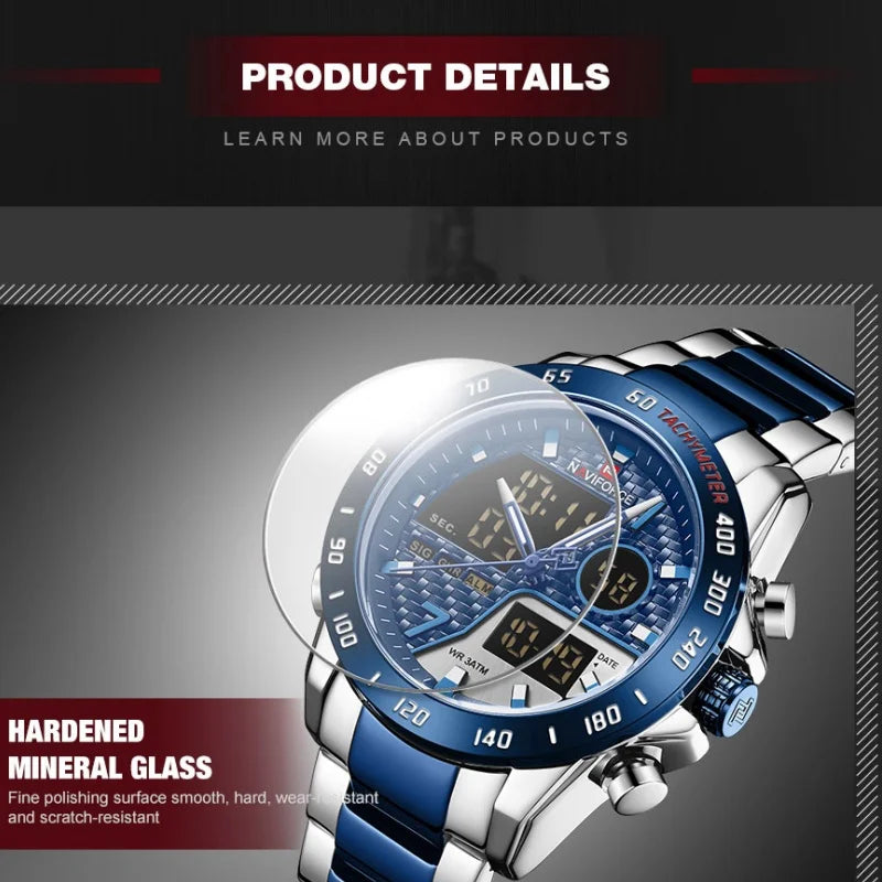 NAVIFORCE Male Quartz Dual Display Clocks Waterproof Luminous Stainless Steel Strap Watches Men Mature Style Wristwatch Gift Box