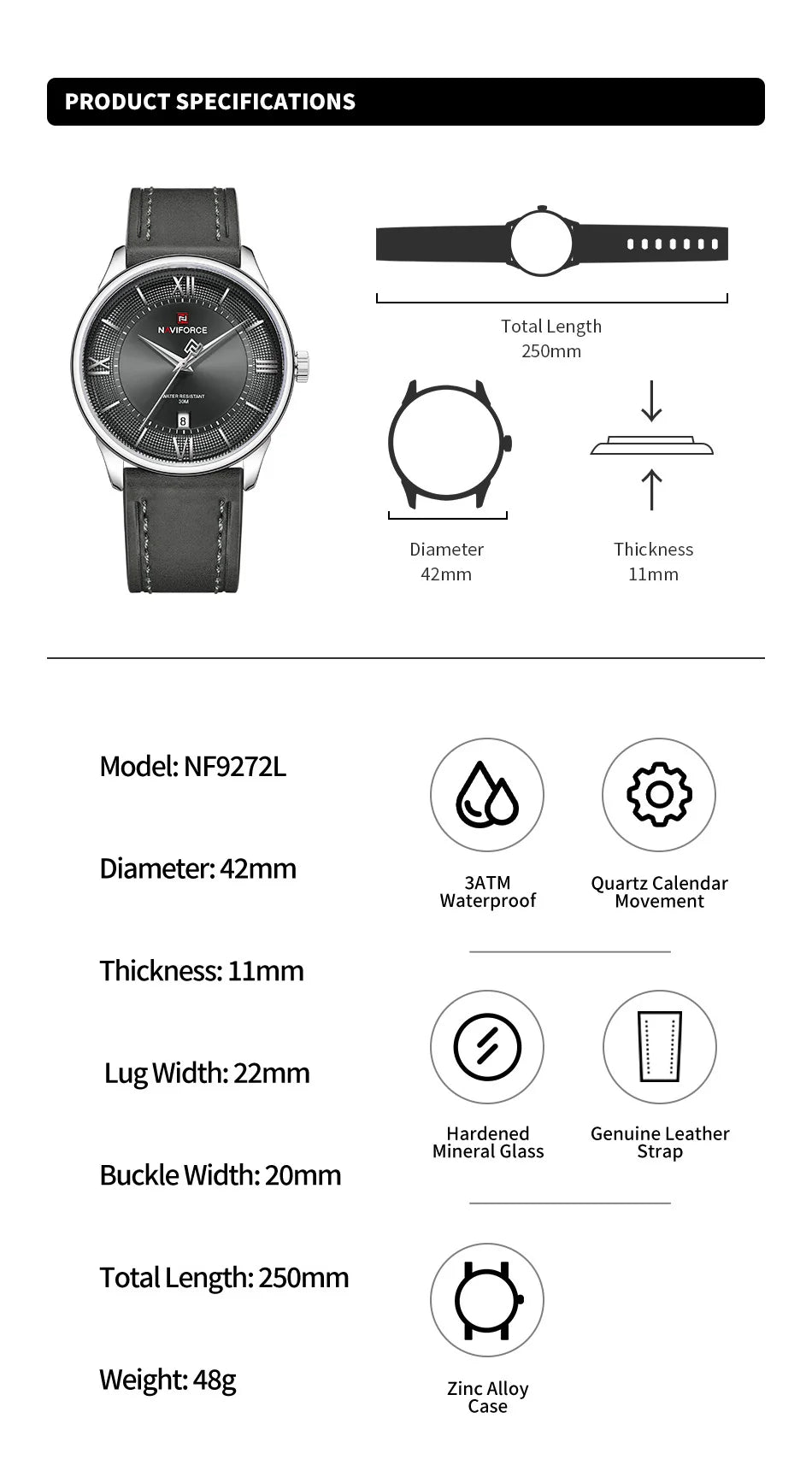 NAVIFORCE High Quality Men's Quartz Watch Date Display 3ATM Waterproof Leather Strap Male Fashionable Luxury Wristwatch Gift Box