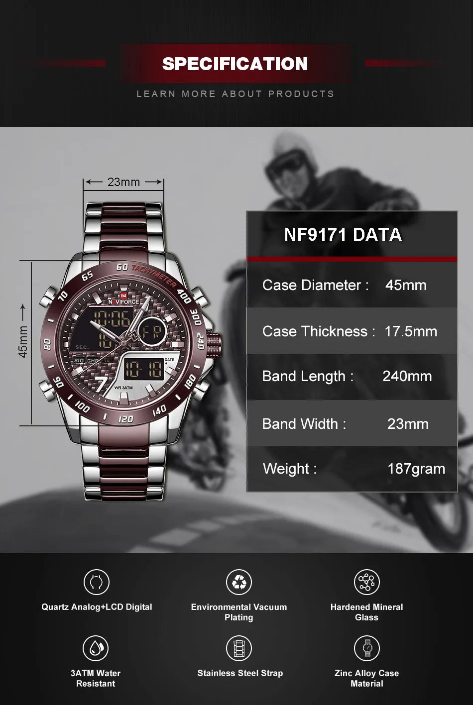 NAVIFORCE Men's Fashion Sports Watch Quartz Dual Display Luminous Waterproof Steel Band Clocks Male Outdoor Wristwatch Gifts Box