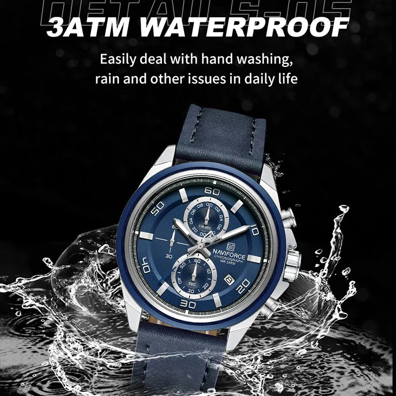 NAVIFORCE Brand Watches For Men Genuine Leather Band Chronograph Quartz Wristwatches Casual Sport 30m Waterproof Male Gift Clock