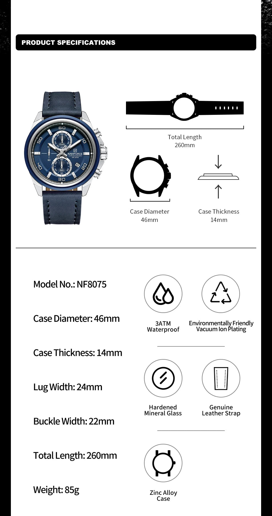 NAVIFORCE Brand Watches For Men Genuine Leather Band Chronograph Quartz Wristwatches Casual Sport 30m Waterproof Male Gift Clock