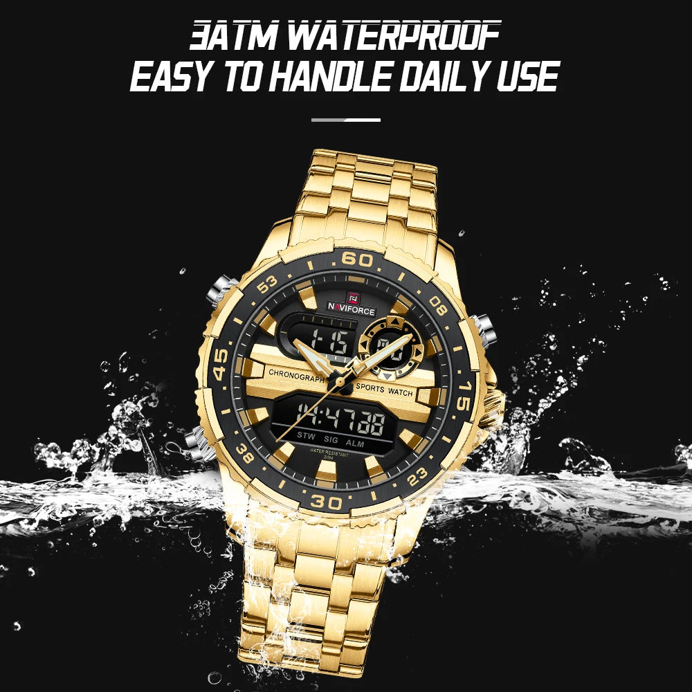 NAVIFORCE Men's Sports Alarm Watch Waterproof Chronograph Quartz Movement Steel Band Digital Date Week Display Wristwatches Gift