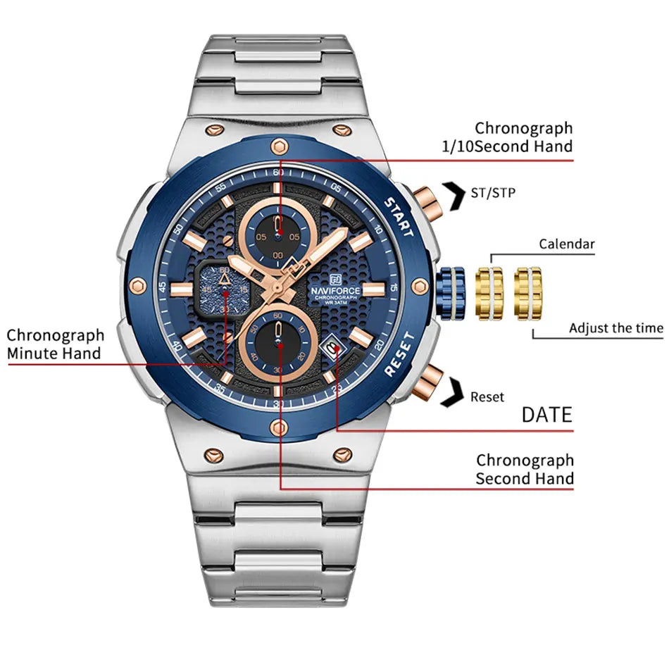 NAVIFORCE Luxury Brand Business Casual Watch Sports Multifunctional Chronograph Watches Mens Quartz Stainless Steel Wristwatches
