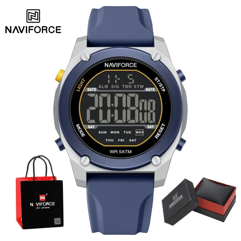 NAVIFORCE Men's LCD Digital Watch 50M Water Resistant Electronic Calendar Fashion Silicone Band Alarm Clock Wristwatch Gifts Box