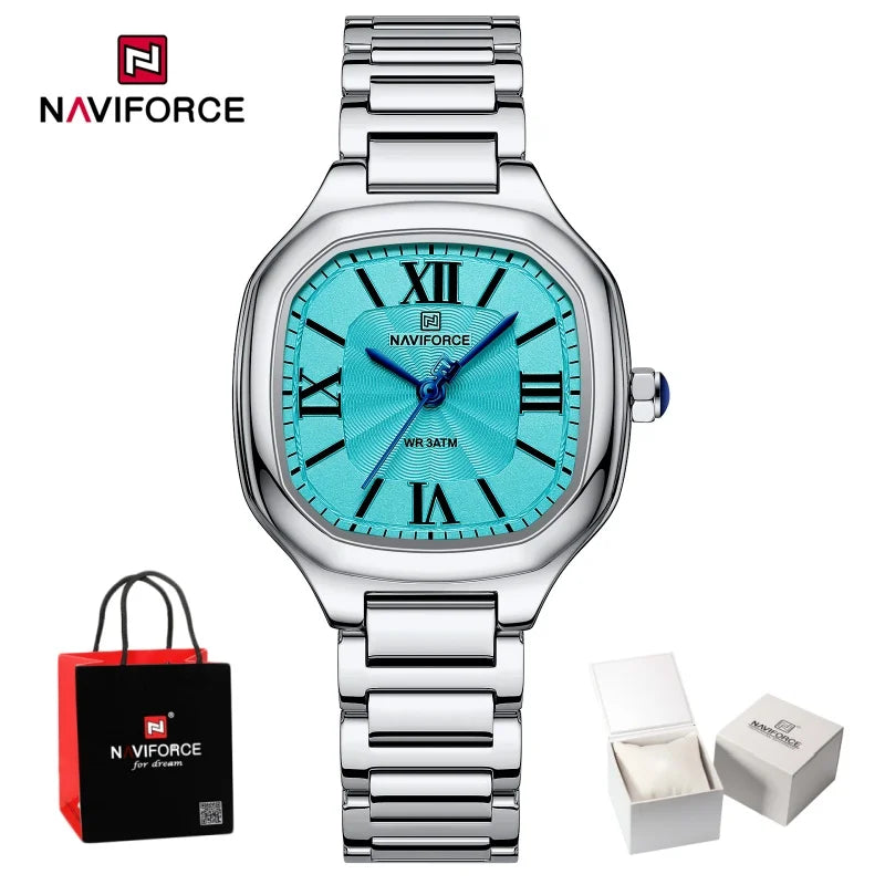 NAVIFORCE Women's Casual Fashion Quartz Watch Unique Design Waterproof Steel Strap Elegant Ladis Daily Wear Wristwatch Gift Box