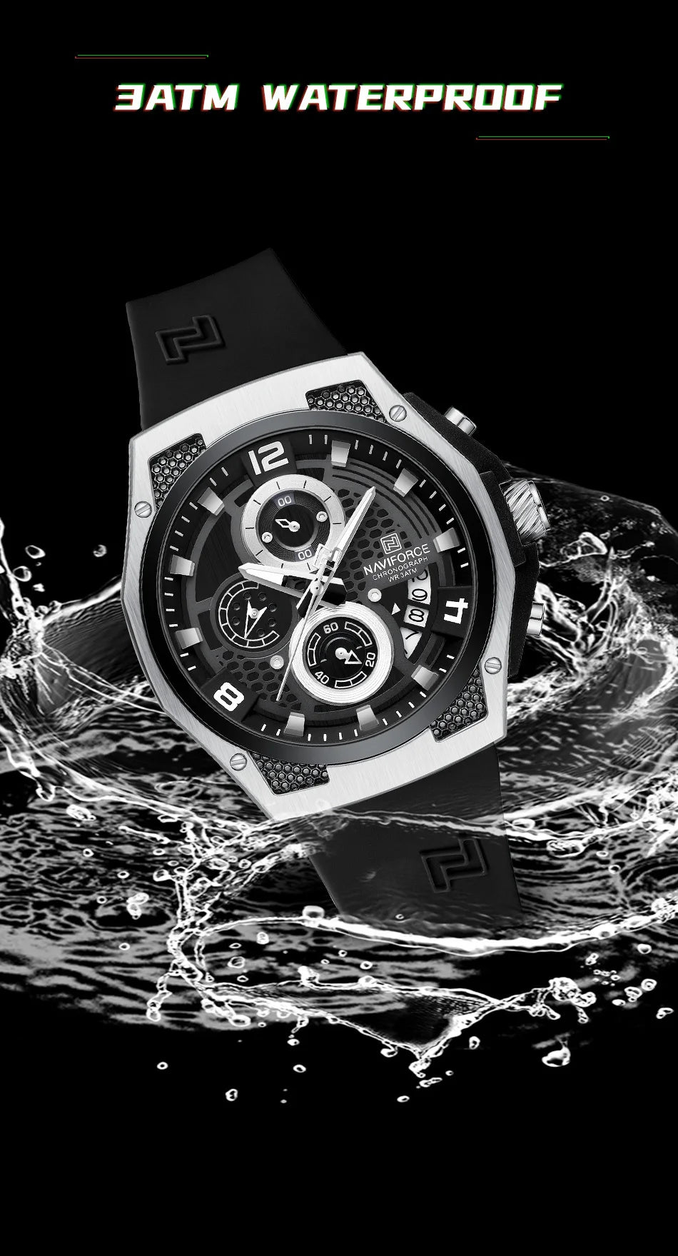 NAVIFORCE Men's Luxury Wristwatch Silicone Strap Casual Sport Luminous Water Resistant Male Quartz Watch Relogio Masculino 2024