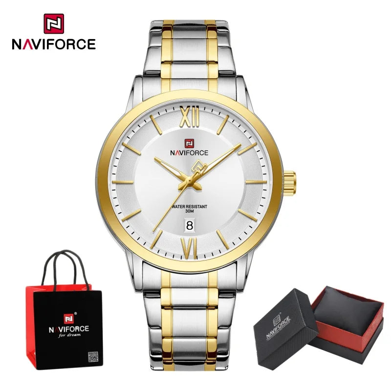 NAVIFORCE Original Watches for Men Quartz Waterproof Calendar Clock Steel Strap Military Luxury Sports Male Wristwatch Gift Box