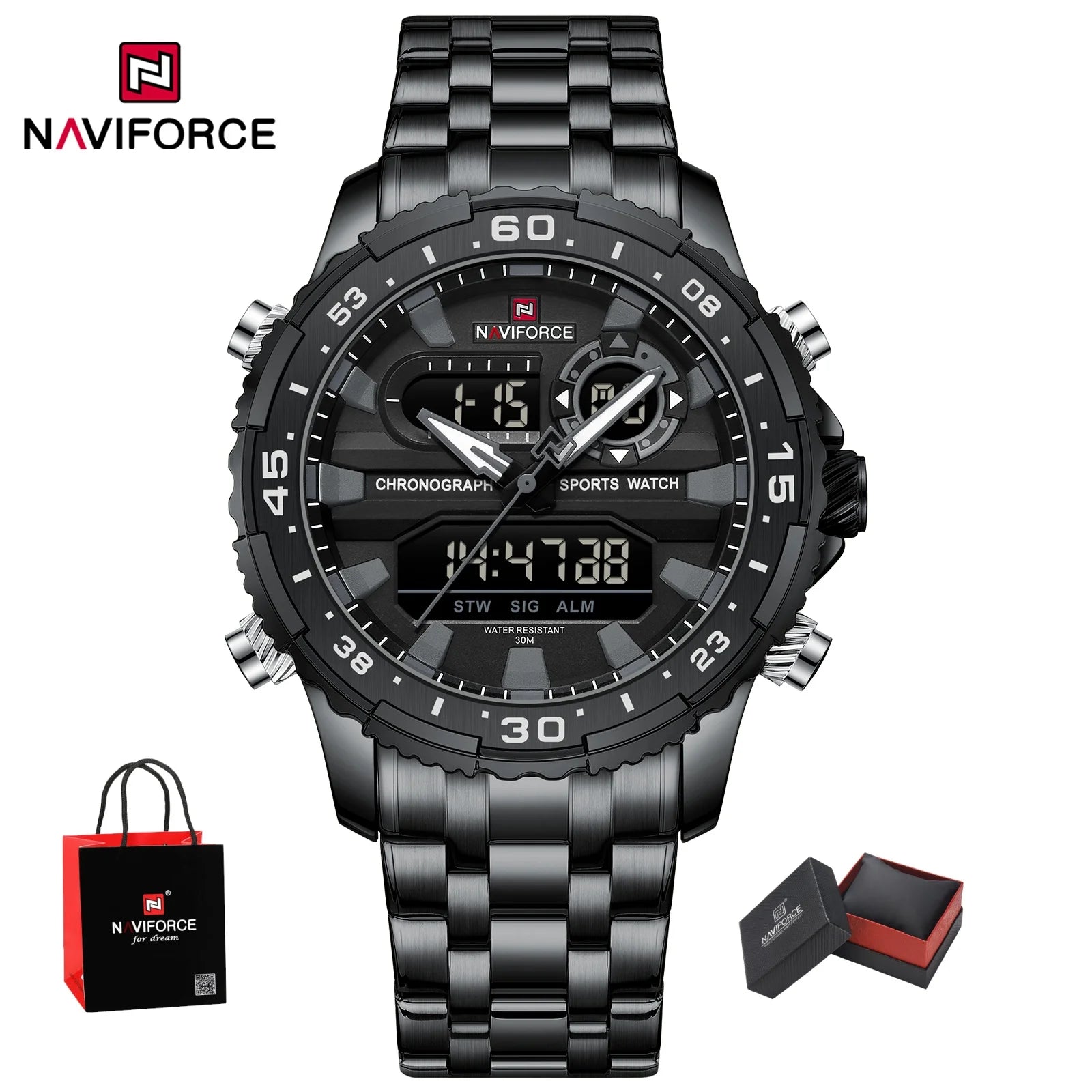 NAVIFORCE Men's Watch Quartz Analog LCD Digital Wristwatch Male Stainless Steel Strap Water Resistant Date Clock Package Gifts