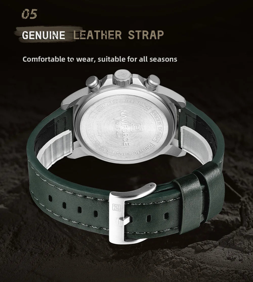 NAVIFORCE Classic Men Quartz Chronograph Watch 3ATM Waterproof Date Display Leather Strap Business Wristwatch Gift Box for Male