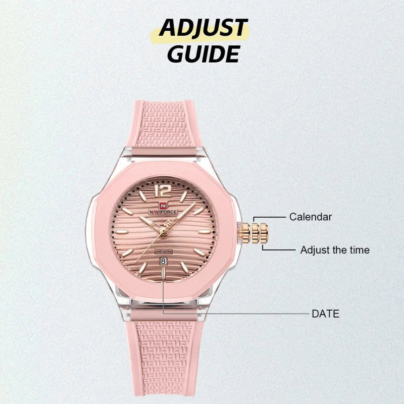NAVIFORCE Woman's Watch Quartz Waterproof Silicone Band Date Display Wristwatch Luxury Trendy Ladies Dress Wristwatch Gifts Box