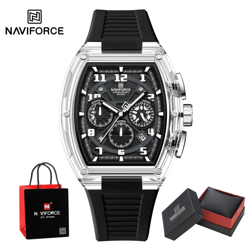 NAVIFORCE Men's Watch Quartz Chronograph Luminous Soft Silicone Strap Business Trendy Outdoor Casual Wristwatch Gift Box for Man