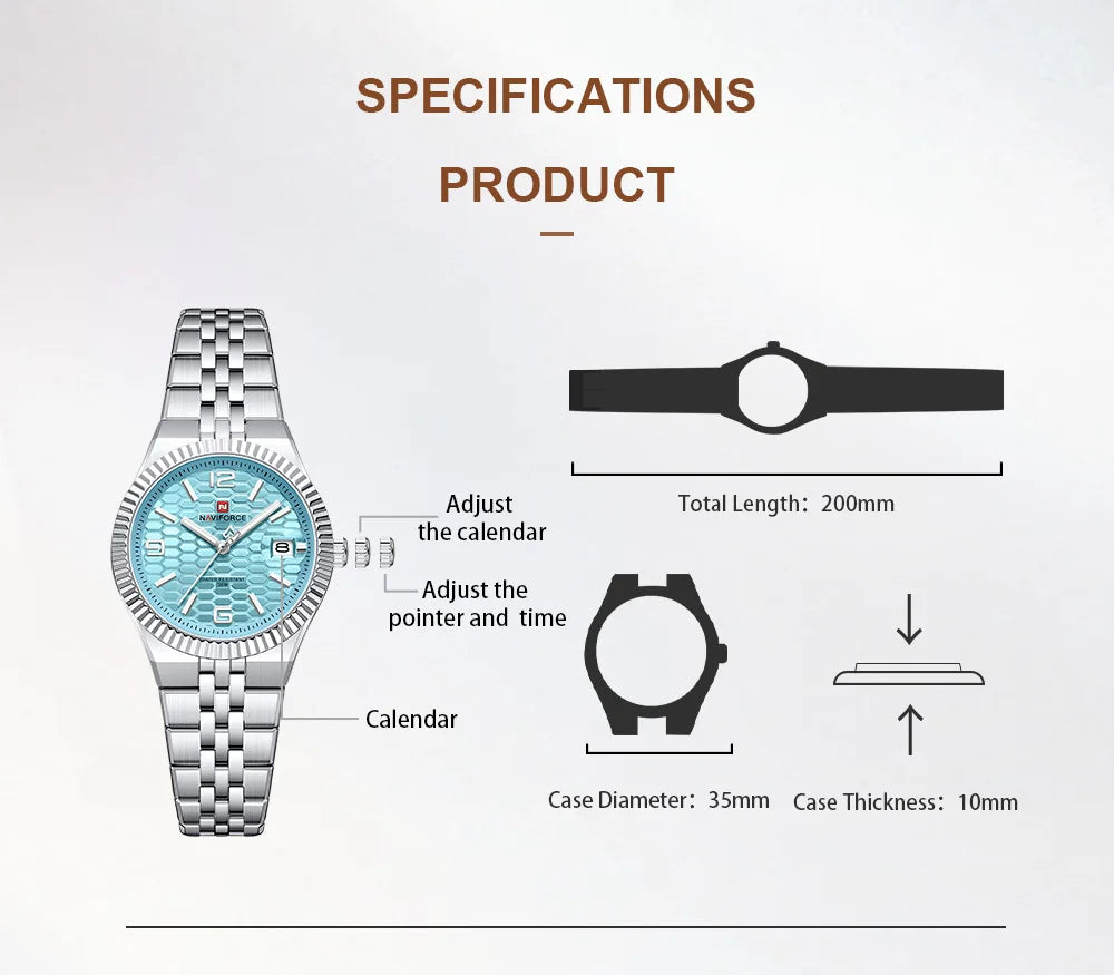 NAVIFORCE Luxury Women Quartz Calendar Watch 30M Waterproof Luminous Steel Strap Female Casual Girls Fashion Wristwatch Gift Box