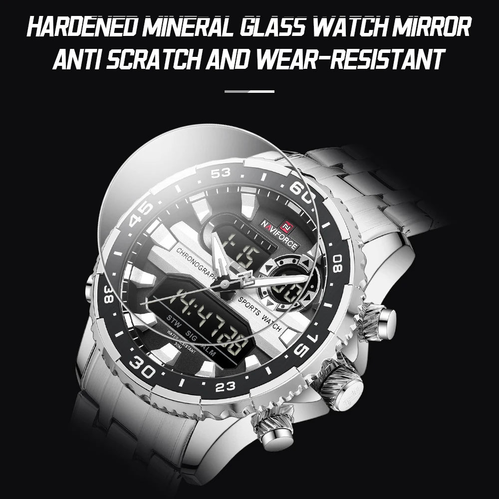 Gifts for Boyfriends NAVIFORCE Men's Silver Black Quartz Watch LCD Digital Waterproof  Wristwatch Male Luminous Hands Date Clock