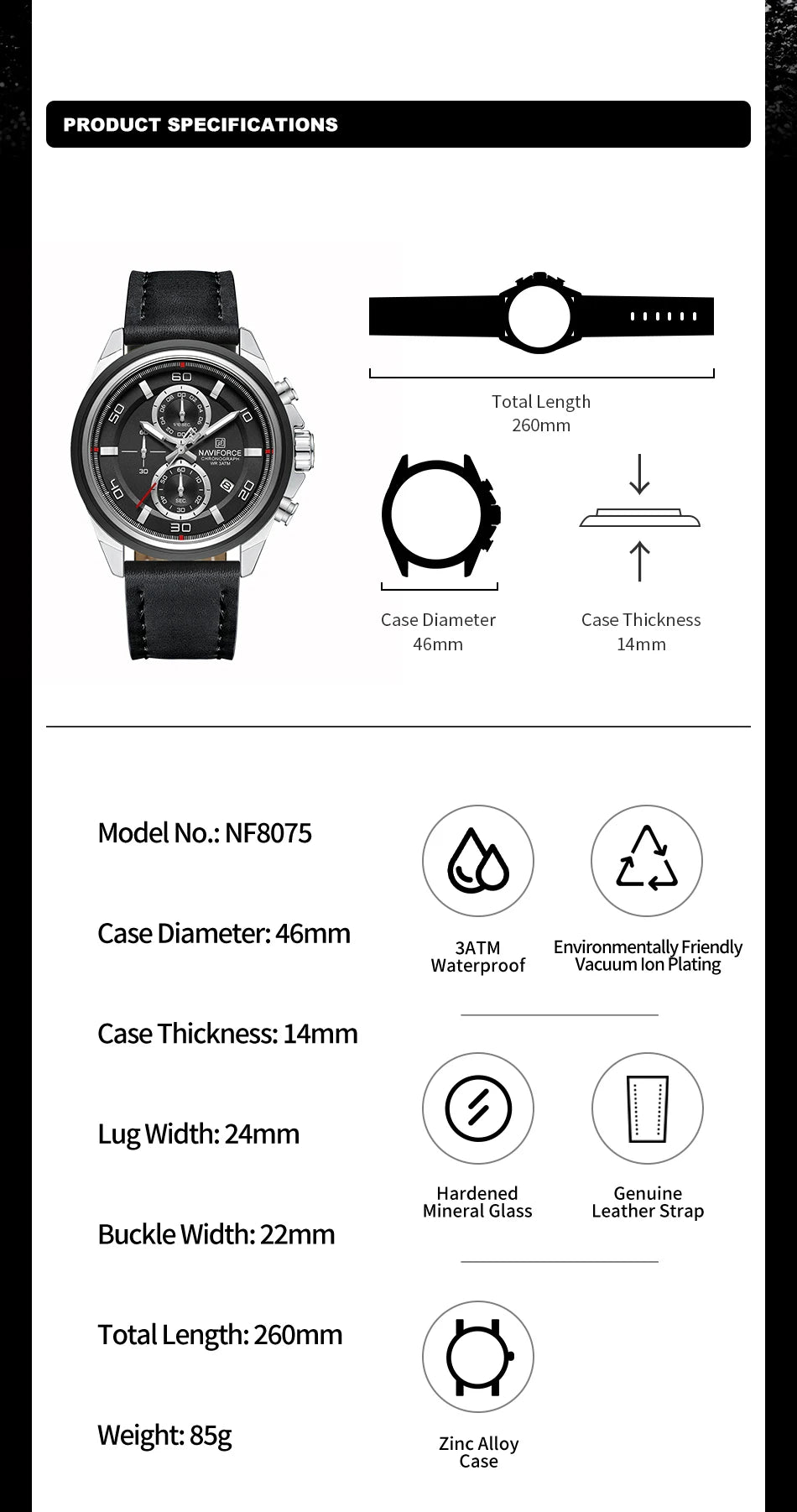 NAVIFORCE Men's Watch Quartz Chronograph Genuine Leather Strap Waterproof Luminous Hand Male Fashion Design Wristwatch Gifts Box
