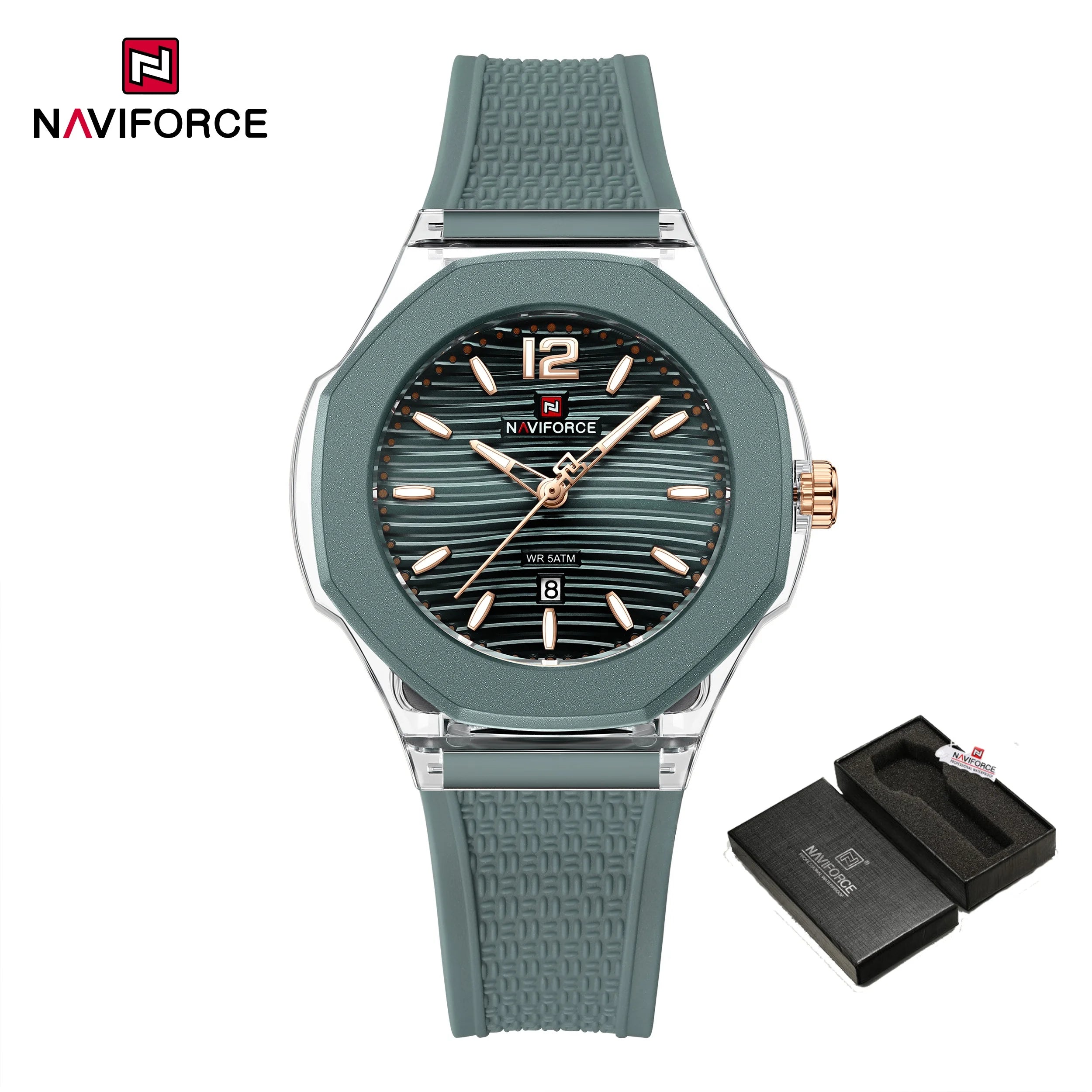 NAVIFORCE Fashion Watch for Women 5ATM Waterproof Silicone Strap Auto Date Display Night Illumination Ladies Elegant Watch Gift