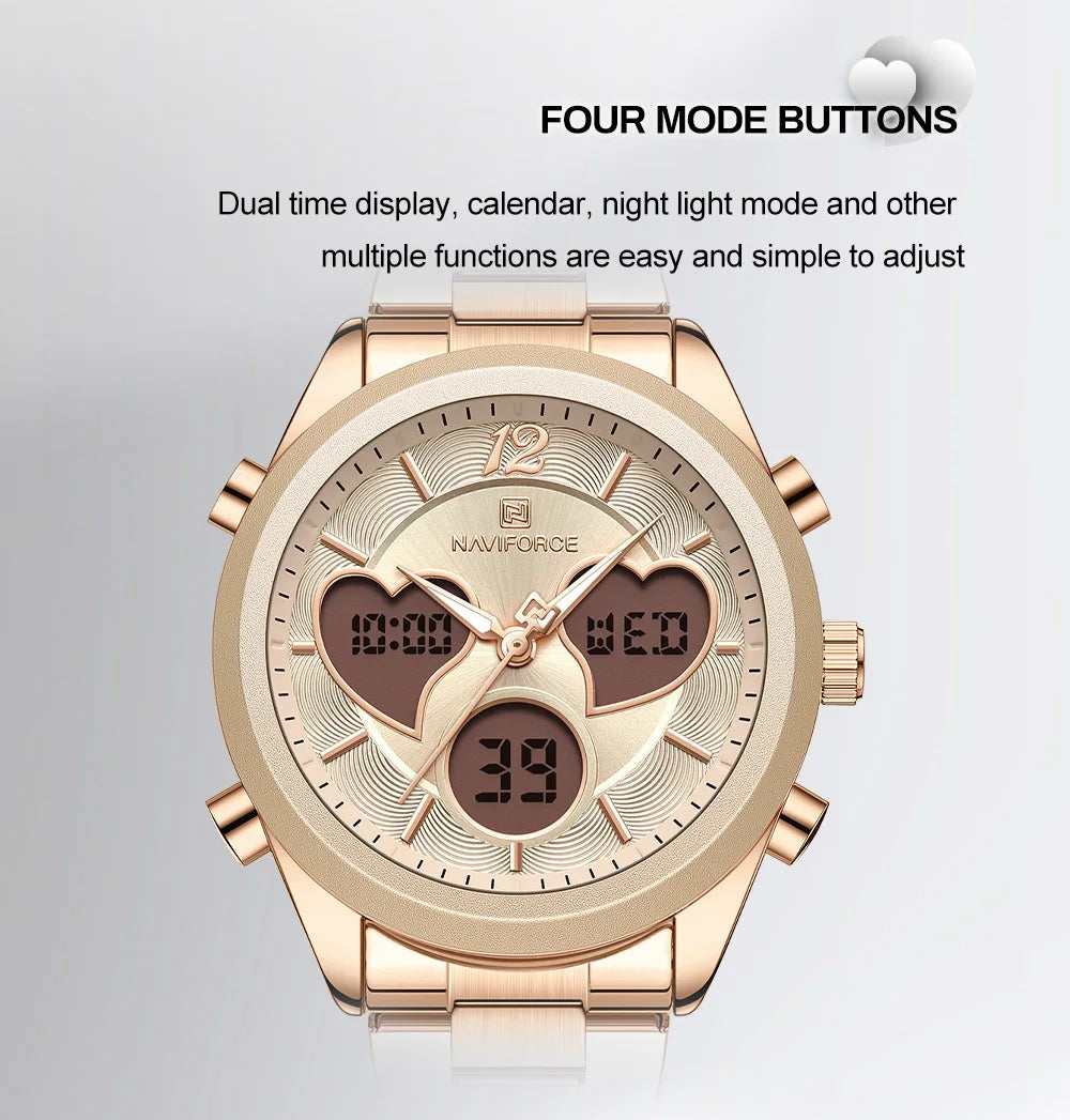 NAVIFORCE Women Watch Unique Design of Heart-Shaped Dial Quartz Analog LCD Digital Watches Fashion Casual Girlfriend Gifts Clock