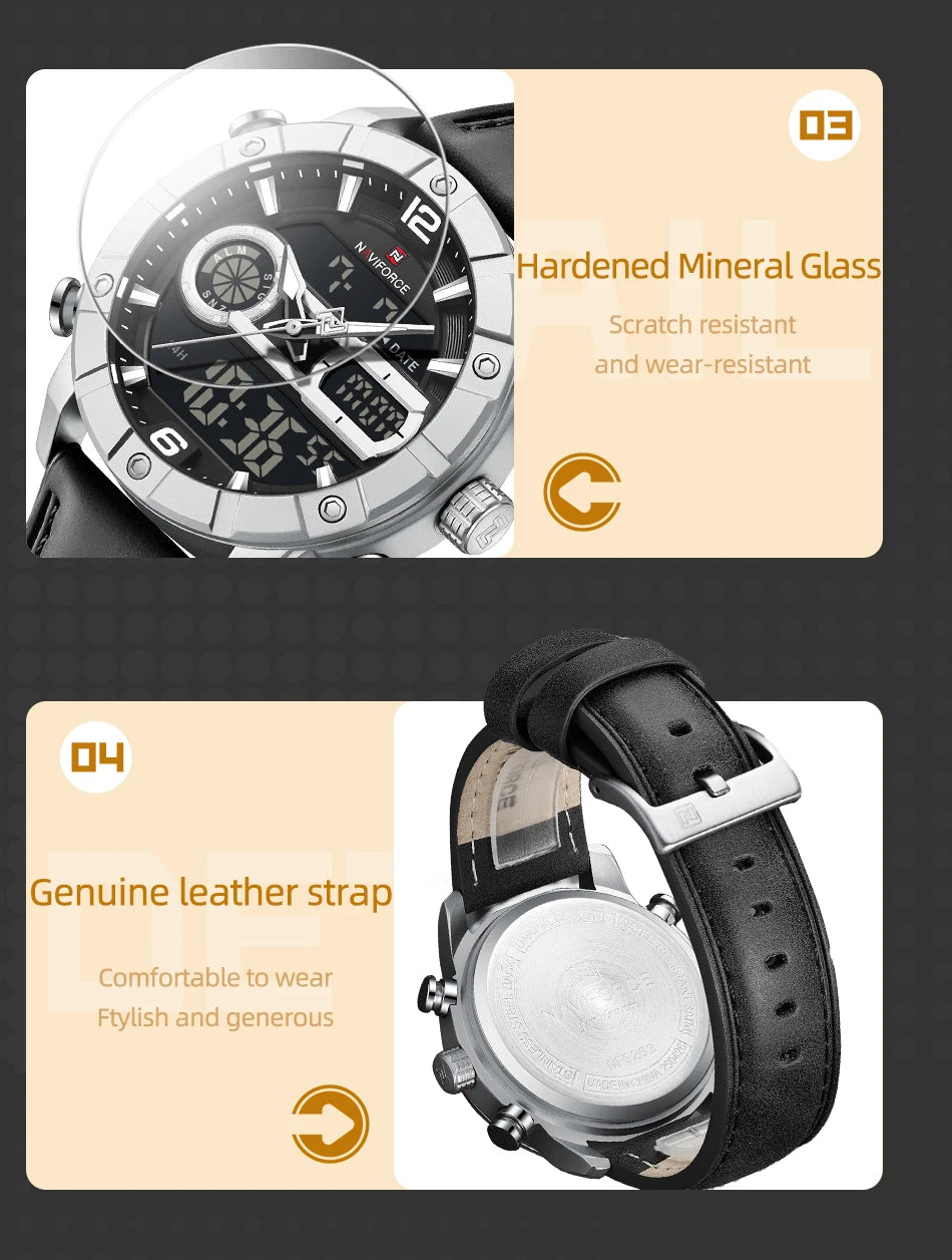 NAVIFORCE Men Watch Quartz Calendar Sports Waterproof Alarm Countdown Automatic Display Fashionable Luxury Wristwatch Gifts Box
