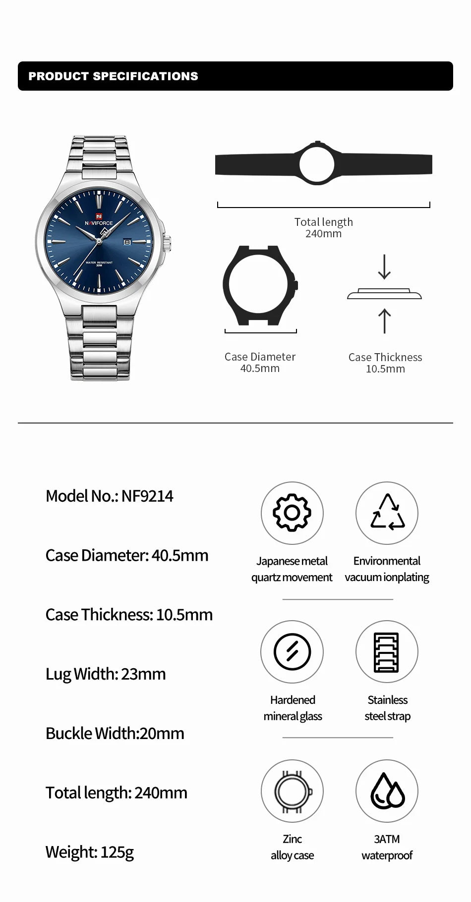 NAVIFORCE Original Fashion Watches for Men Stainless Steel Simple Elegant Clock Male Waterproof Wrist Watch Relogio Masculino