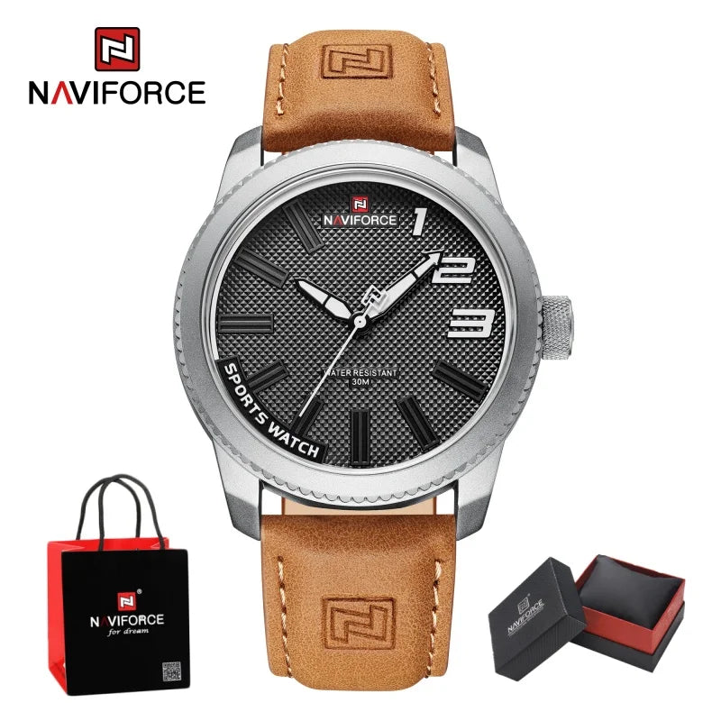 NAVIFORCE Man's Simple Fashion Quartz Watch Waterproof Soft PU Strap Mature Male Outdoor Daily Wear Sports Wristwatch Gifts Box
